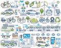 Sustainable transportation and green logistics in outline collection set