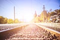 Sustainable traveling by train: Rail track and colorful, idyllic landscape in fall Royalty Free Stock Photo