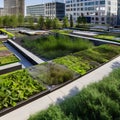 213 A sustainable urban park with green rooftops, rainwater harvesting systems, and interactive installations promoting environm