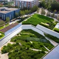 213 A sustainable urban park with green rooftops, rainwater harvesting systems, and interactive installations promoting environm