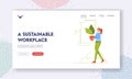 Sustainable Workplace Landing Page Template. Business Woman Character Carry Green Potted Plant, Eco Friendly Environment