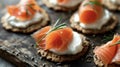 Sustainably sourced smoked salmon served on whole wheat crackers Royalty Free Stock Photo