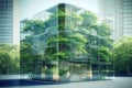 Sustainble green building. Eco-friendly building. Sustainable glass office building with tree for reducing carbon
