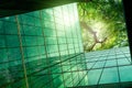 Sustainble green building. Eco-friendly building in modern city. ESG. Sustainable glass office building with green tree. Office Royalty Free Stock Photo