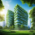 Sustainble green Sustainable glass office building with tree for reducing carbon Office with green