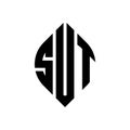 SUT circle letter logo design with circle and ellipse shape. SUT ellipse letters with typographic style. The three initials form a