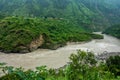 Sutlej or Satluj River flowing through the valleys of Himachal Pradesh. Monsoon season in India