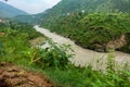 Sutlej or Satluj River flowing through the valleys of Himachal Pradesh. Monsoon season in India