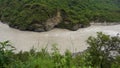 Sutlej or Satluj River flowing through the valleys of Himachal Pradesh. Monsoon season in India