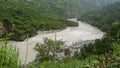 Sutlej or Satluj River flowing through the valleys of Himachal Pradesh. Monsoon season in India