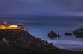 Sutro baths ruins at Lands End, the Cliff house in the background in San Francisco with Seal Rock and Pacific Ocean Royalty Free Stock Photo