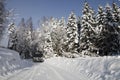 Suv, car, driving through snowy landscape Royalty Free Stock Photo