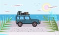 SUV car with luggage on the roof on the beach by the sea. Off-road vehicle on the sunlit seascape. Sea, sun and