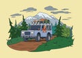 SUV car with luggage on the roof and smiling guy behind the wheel moving through the forest near the mountain. Off-road Royalty Free Stock Photo