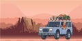 SUV car with luggage on the roof and smiling guy behind the wheel moving through the Grand Canyon. Off-road vehicle and Royalty Free Stock Photo