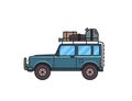 SUV car with luggage on the roof trunk. Off-road vehicle with cargo on top, side view. Isolated image on white Royalty Free Stock Photo
