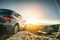 SUV car in spain mountain landscape road at sunset Royalty Free Stock Photo