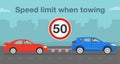 Suv car towing red sedan on a flexible hitch. Speed limit when towing infographic. Driving a car.