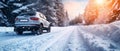 Suv Car With Winter Tires On Snowy Road, Perfect For Ski Trips