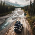 SUV moves down country road, next to river, ready for camping Royalty Free Stock Photo