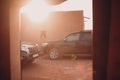 SUV in the desert oazis at building. Sahara, Morocco. Royalty Free Stock Photo