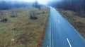 SUV driving at the road in the misty forest