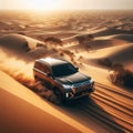 An SUV driving through the sand dunes, in the style of Australian landscape Royalty Free Stock Photo