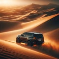 An SUV driving through the sand dunes, in the style of Australian landscape Royalty Free Stock Photo