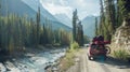 SUV moves down country road, next to river, ready for camping Royalty Free Stock Photo