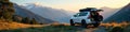 SUV packed for camping, mountains in background, mountains, fall Royalty Free Stock Photo