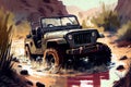 SUV in a puddle on a dirty impassable road. AI generated