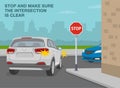 Suv turns right on sharp turn with `stop` sign. Possible accident with oncoming vehicle. Royalty Free Stock Photo