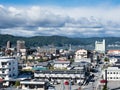 View of Kamisuwa onsen, a hot spring resort on the shores of Lake Suwako, from the top of