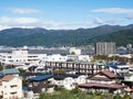 View of Kamisuwa onsen, a hot spring resort on the shores of Lake Suwako, from the top of