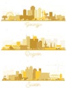 Suwon, Daejeon and Gwangju South Korea City Skyline Silhouette Set with Golden Buildings Isolated on White