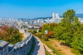 SUWON, KOREA, OCTOBER 24, 2019: Landscape of Suwon behind Hwaseong fortress, Republic of Korea