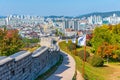 SUWON, KOREA, OCTOBER 24, 2019: Landscape of Suwon behind Hwaseong fortress, Republic of Korea