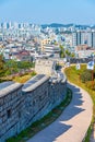 SUWON, KOREA, OCTOBER 24, 2019: Landscape of Suwon behind Hwaseong fortress, Republic of Korea