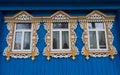 Suzdal, Russia - April 25, 2023. Carved wooden shutters on the windows. Ancient architecture in the city