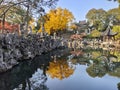 Autunm view over the rock and lake in the Lion Grove Garden in Suzhou, China Royalty Free Stock Photo