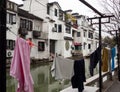 Laundry drying outside in Suzhou old town along the water canals