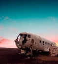 Sudurland plane wreckage in Iceland at sunset Royalty Free Stock Photo