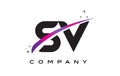 SV S V Black Letter Logo Design with Purple Magenta Swoosh