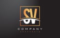 SV S V Golden Letter Logo Design with Gold Square and Swoosh.