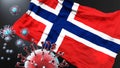 Svalbard and Jan Mayen and the covid pandemic - corona virus attacking national flag of Svalbard and Jan Mayen to symbolize the