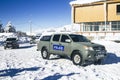 Svaneti, Georgia - 1 Feb, 2020: police rescue car at the Tetnuld resort in Mestia