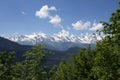 Svaneti mountains landscape. Snowy mountain peak in Mestia, Georgia. Georgian wild nature. Amazing view on mountain