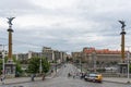 Svatopluk Cech Bridge in Prague used by pedestrians, cars and tramways. The arch bridge over river Vltava Moldau