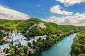 Svaytogorsk lavra ancient monastery hills panoramic view with green forest and Donets river at Donbass, Ukraine on bright sunny Royalty Free Stock Photo