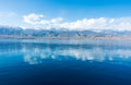 Sverny shore of Lake Issyk-Kul, Kyrgyzstan. View from the ship to the shore. Blue water of a mountain lake